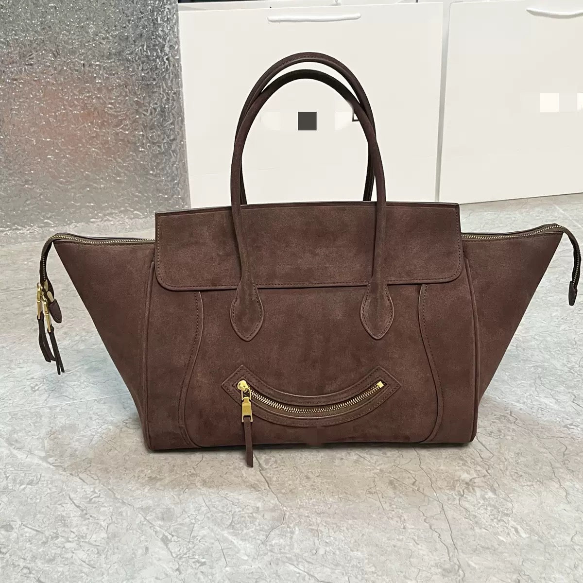 Contour Smile Zip Suede Tote