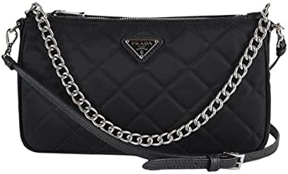 Prada Black Quilted Tessuto Nylon Chain Crossbody Bag Silver Hardware Adjustable Strap Zipper Closure Designer Shoulder Purse New|B094DTVCZ4