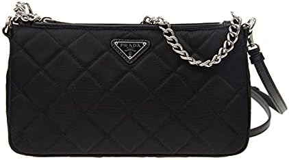 Prada Black Quilted Tessuto Nylon Chain Crossbody Bag Silver Hardware Adjustable Strap Zipper Closure Designer Shoulder Purse New|B094DTVCZ4