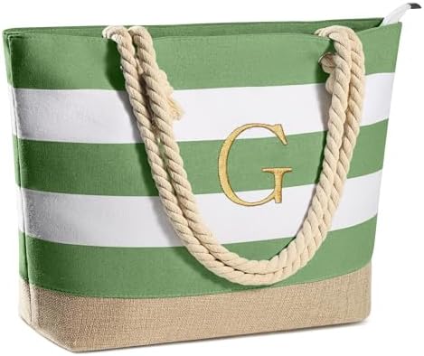 YOOLIFE Initial Canvas Waterproof Beach Tote Bag Zipper Personalized Gifts for Women Her Birthday Travel Beach Essential|B0C8MC1LNW