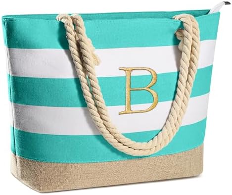 YOOLIFE Initial Canvas Waterproof Beach Tote Bag Zipper Personalized Gifts for Women Her Birthday Travel Beach Essential|B0C8MC1LNW