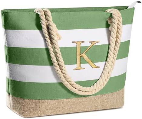 YOOLIFE Initial Canvas Waterproof Beach Tote Bag Zipper Personalized Gifts for Women Her Birthday Travel Beach Essential|B0C8MC1LNW