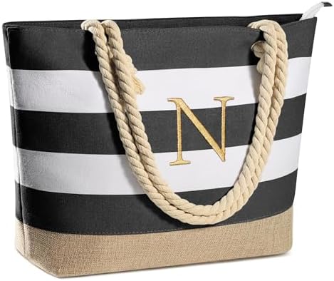 YOOLIFE Initial Canvas Waterproof Beach Tote Bag Zipper Personalized Gifts for Women Her Birthday Travel Beach Essential|B0C8MC1LNW