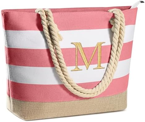 YOOLIFE Initial Canvas Waterproof Beach Tote Bag Zipper Personalized Gifts for Women Her Birthday Travel Beach Essential|B0C8MC1LNW