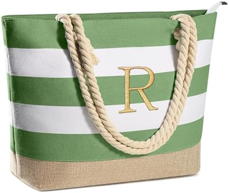 YOOLIFE Initial Canvas Waterproof Beach Tote Bag Zipper Personalized Gifts for Women Her Birthday Travel Beach Essential|B0C8MC1LNW