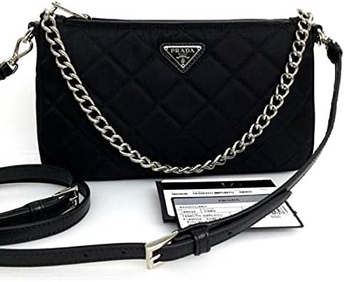 Prada Black Quilted Tessuto Nylon Chain Crossbody Bag Silver Hardware Adjustable Strap Zipper Closure Designer Shoulder Purse New|B094DTVCZ4