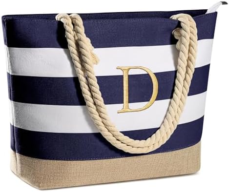 YOOLIFE Initial Canvas Waterproof Beach Tote Bag Zipper Personalized Gifts for Women Her Birthday Travel Beach Essential|B0C8MC1LNW