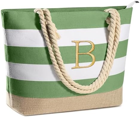 YOOLIFE Initial Canvas Waterproof Beach Tote Bag Zipper Personalized Gifts for Women Her Birthday Travel Beach Essential|B0C8MC1LNW