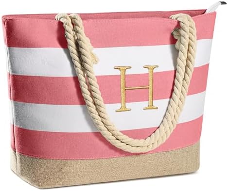 YOOLIFE Initial Canvas Waterproof Beach Tote Bag Zipper Personalized Gifts for Women Her Birthday Travel Beach Essential|B0C8MC1LNW