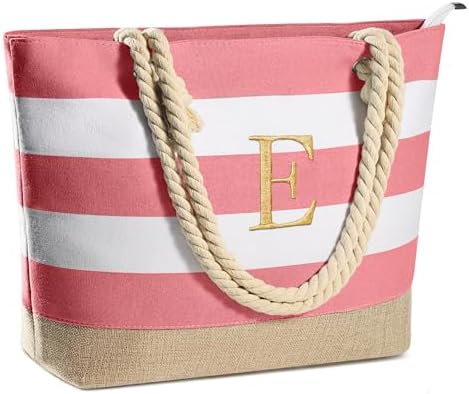 YOOLIFE Initial Canvas Waterproof Beach Tote Bag Zipper Personalized Gifts for Women Her Birthday Travel Beach Essential|B0C8MC1LNW