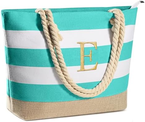 YOOLIFE Initial Canvas Waterproof Beach Tote Bag Zipper Personalized Gifts for Women Her Birthday Travel Beach Essential|B0C8MC1LNW