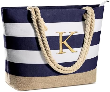 YOOLIFE Initial Canvas Waterproof Beach Tote Bag Zipper Personalized Gifts for Women Her Birthday Travel Beach Essential|B0C8MC1LNW
