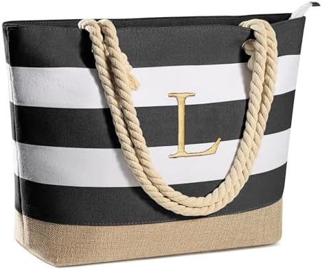 YOOLIFE Initial Canvas Waterproof Beach Tote Bag Zipper Personalized Gifts for Women Her Birthday Travel Beach Essential|B0C8MC1LNW