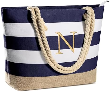 YOOLIFE Initial Canvas Waterproof Beach Tote Bag Zipper Personalized Gifts for Women Her Birthday Travel Beach Essential|B0C8MC1LNW