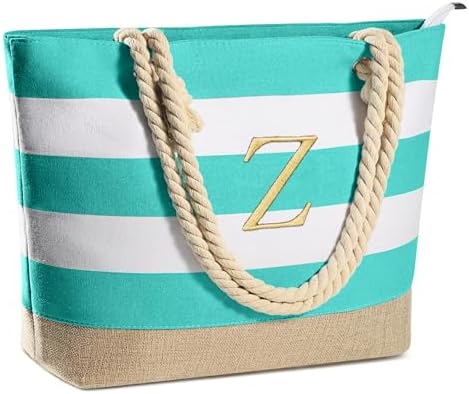 YOOLIFE Initial Canvas Waterproof Beach Tote Bag Zipper Personalized Gifts for Women Her Birthday Travel Beach Essential|B0C8MC1LNW