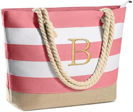YOOLIFE Initial Canvas Waterproof Beach Tote Bag Zipper Personalized Gifts for Women Her Birthday Travel Beach Essential|B0C8MC1LNW
