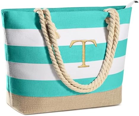 YOOLIFE Initial Canvas Waterproof Beach Tote Bag Zipper Personalized Gifts for Women Her Birthday Travel Beach Essential|B0C8MC1LNW