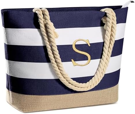 YOOLIFE Initial Canvas Waterproof Beach Tote Bag Zipper Personalized Gifts for Women Her Birthday Travel Beach Essential|B0C8MC1LNW