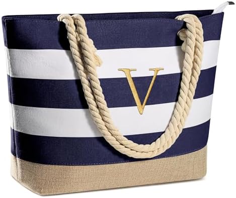 YOOLIFE Initial Canvas Waterproof Beach Tote Bag Zipper Personalized Gifts for Women Her Birthday Travel Beach Essential|B0C8MC1LNW