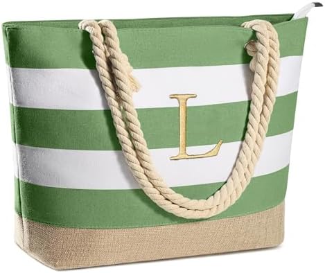 YOOLIFE Initial Canvas Waterproof Beach Tote Bag Zipper Personalized Gifts for Women Her Birthday Travel Beach Essential|B0C8MC1LNW