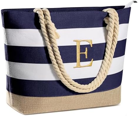YOOLIFE Initial Canvas Waterproof Beach Tote Bag Zipper Personalized Gifts for Women Her Birthday Travel Beach Essential|B0C8MC1LNW