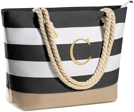 YOOLIFE Initial Canvas Waterproof Beach Tote Bag Zipper Personalized Gifts for Women Her Birthday Travel Beach Essential|B0C8MC1LNW