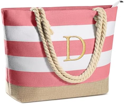 YOOLIFE Initial Canvas Waterproof Beach Tote Bag Zipper Personalized Gifts for Women Her Birthday Travel Beach Essential|B0C8MC1LNW