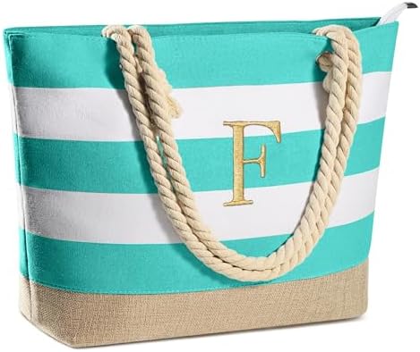 YOOLIFE Initial Canvas Waterproof Beach Tote Bag Zipper Personalized Gifts for Women Her Birthday Travel Beach Essential|B0C8MC1LNW