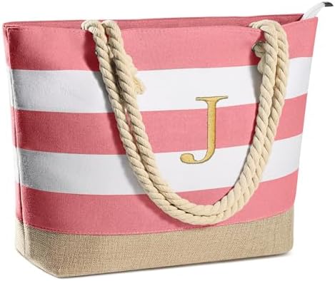 YOOLIFE Initial Canvas Waterproof Beach Tote Bag Zipper Personalized Gifts for Women Her Birthday Travel Beach Essential|B0C8MC1LNW