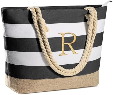 YOOLIFE Initial Canvas Waterproof Beach Tote Bag Zipper Personalized Gifts for Women Her Birthday Travel Beach Essential|B0C8MC1LNW