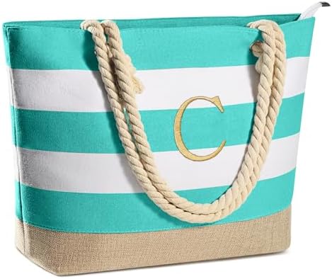 YOOLIFE Initial Canvas Waterproof Beach Tote Bag Zipper Personalized Gifts for Women Her Birthday Travel Beach Essential|B0C8MC1LNW