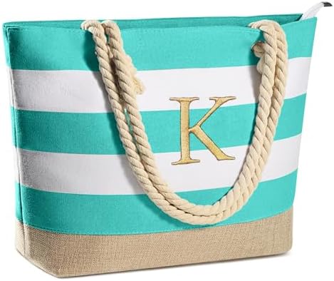 YOOLIFE Initial Canvas Waterproof Beach Tote Bag Zipper Personalized Gifts for Women Her Birthday Travel Beach Essential|B0C8MC1LNW
