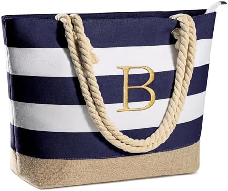 YOOLIFE Initial Canvas Waterproof Beach Tote Bag Zipper Personalized Gifts for Women Her Birthday Travel Beach Essential|B0C8MC1LNW