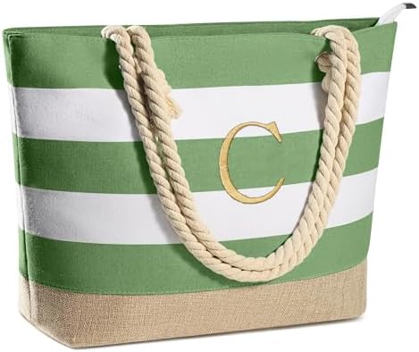 YOOLIFE Initial Canvas Waterproof Beach Tote Bag Zipper Personalized Gifts for Women Her Birthday Travel Beach Essential|B0C8MC1LNW