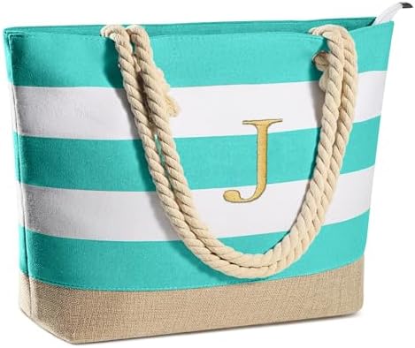 YOOLIFE Initial Canvas Waterproof Beach Tote Bag Zipper Personalized Gifts for Women Her Birthday Travel Beach Essential|B0C8MC1LNW