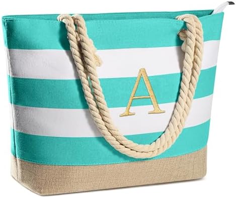 YOOLIFE Initial Canvas Waterproof Beach Tote Bag Zipper Personalized Gifts for Women Her Birthday Travel Beach Essential|B0C8MC1LNW