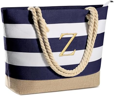 YOOLIFE Initial Canvas Waterproof Beach Tote Bag Zipper Personalized Gifts for Women Her Birthday Travel Beach Essential|B0C8MC1LNW