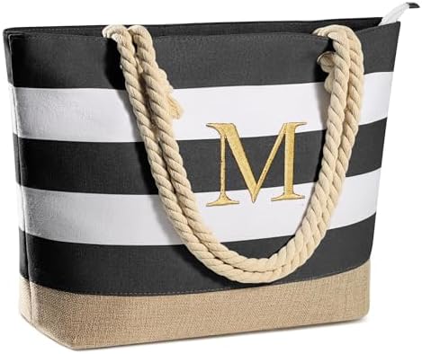 YOOLIFE Initial Canvas Waterproof Beach Tote Bag Zipper Personalized Gifts for Women Her Birthday Travel Beach Essential|B0C8MC1LNW