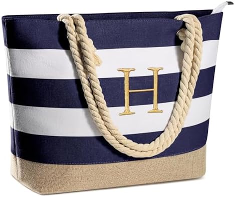 YOOLIFE Initial Canvas Waterproof Beach Tote Bag Zipper Personalized Gifts for Women Her Birthday Travel Beach Essential|B0C8MC1LNW