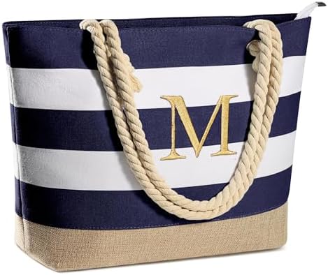 YOOLIFE Initial Canvas Waterproof Beach Tote Bag Zipper Personalized Gifts for Women Her Birthday Travel Beach Essential|B0C8MC1LNW