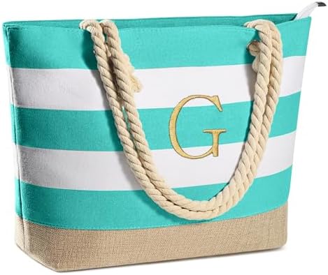 YOOLIFE Initial Canvas Waterproof Beach Tote Bag Zipper Personalized Gifts for Women Her Birthday Travel Beach Essential|B0C8MC1LNW