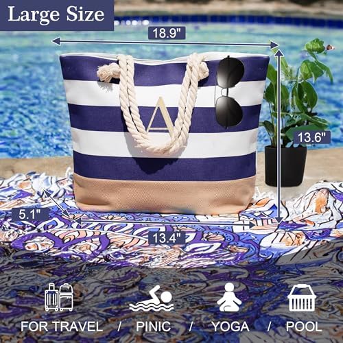 YOOLIFE Initial Canvas Waterproof Beach Tote Bag Zipper Personalized Gifts for Women Her Birthday Travel Beach Essential|B0C8MC1LNW