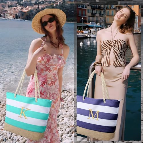 YOOLIFE Initial Canvas Waterproof Beach Tote Bag Zipper Personalized Gifts for Women Her Birthday Travel Beach Essential|B0C8MC1LNW