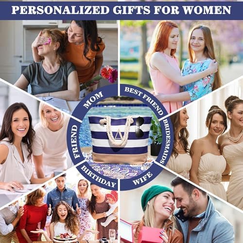 YOOLIFE Initial Canvas Waterproof Beach Tote Bag Zipper Personalized Gifts for Women Her Birthday Travel Beach Essential|B0C8MC1LNW