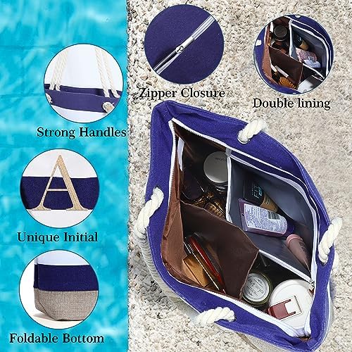 YOOLIFE Initial Canvas Waterproof Beach Tote Bag Zipper Personalized Gifts for Women Her Birthday Travel Beach Essential|B0C8MC1LNW